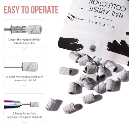 A professional nail technician using a white 180 medium grit band to shape artificial fingernails.