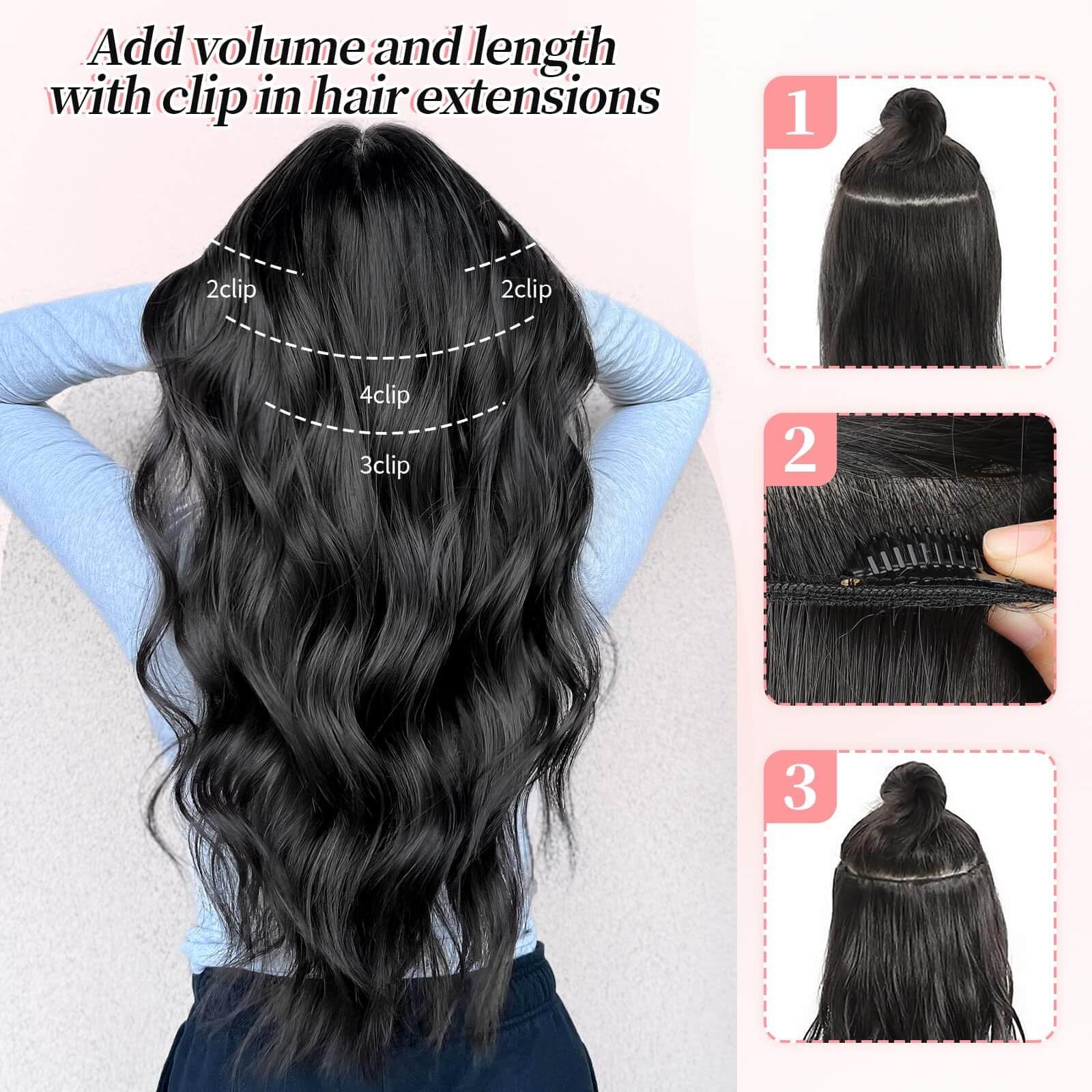 Side view of wavy black synthetic hair extensions blending with natural textures