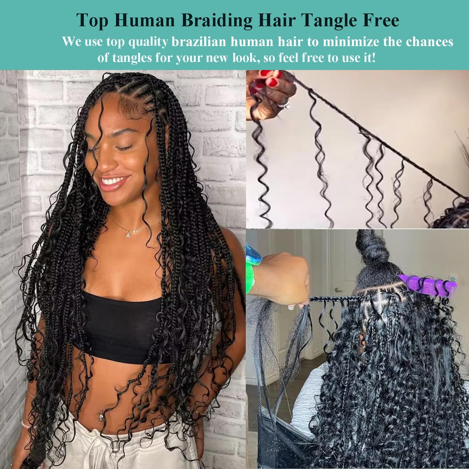 Two bundles of 20 inch no weft curly human hair extensions spread out vertically.