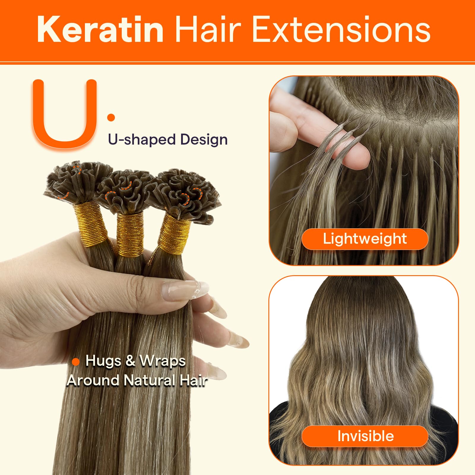 Full Shine eighteen inch Ktip human hair extensions spread out naturally.