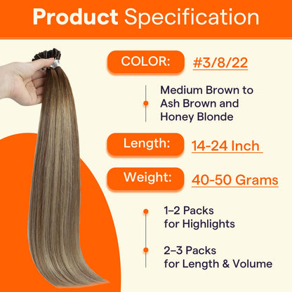 Model showing the seamless blend of ash brown to blonde fusion extensions.