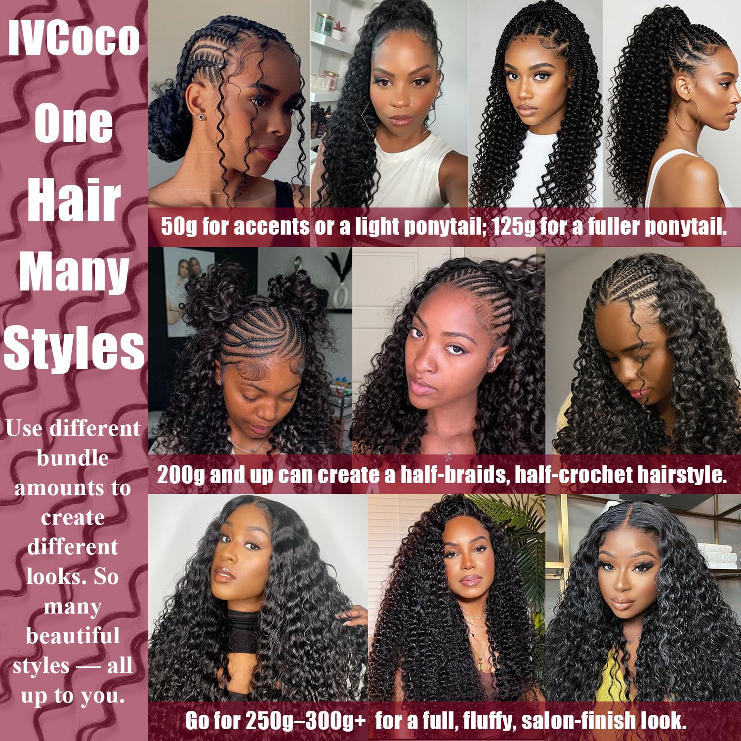 Premium quality virgin human hair texture chart comparison and length view