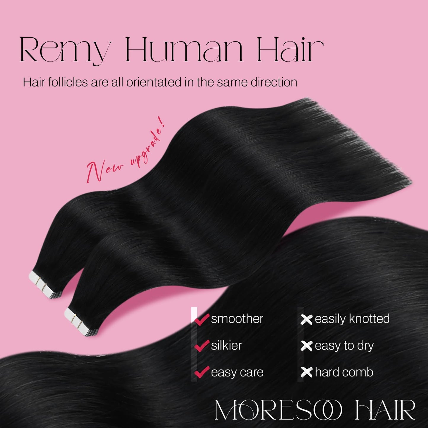 Moresoo straight jet black hair extensions close up texture shot