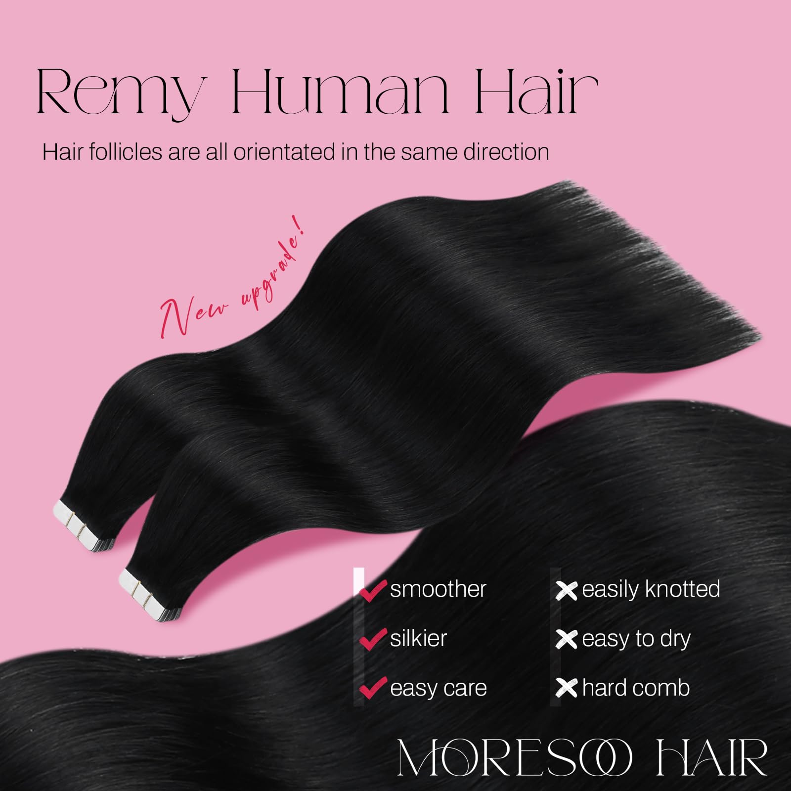 Moresoo straight jet black hair extensions close up texture shot