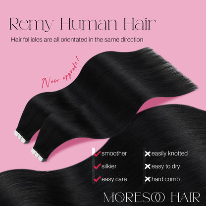 Moresoo straight jet black hair extensions close up texture shot