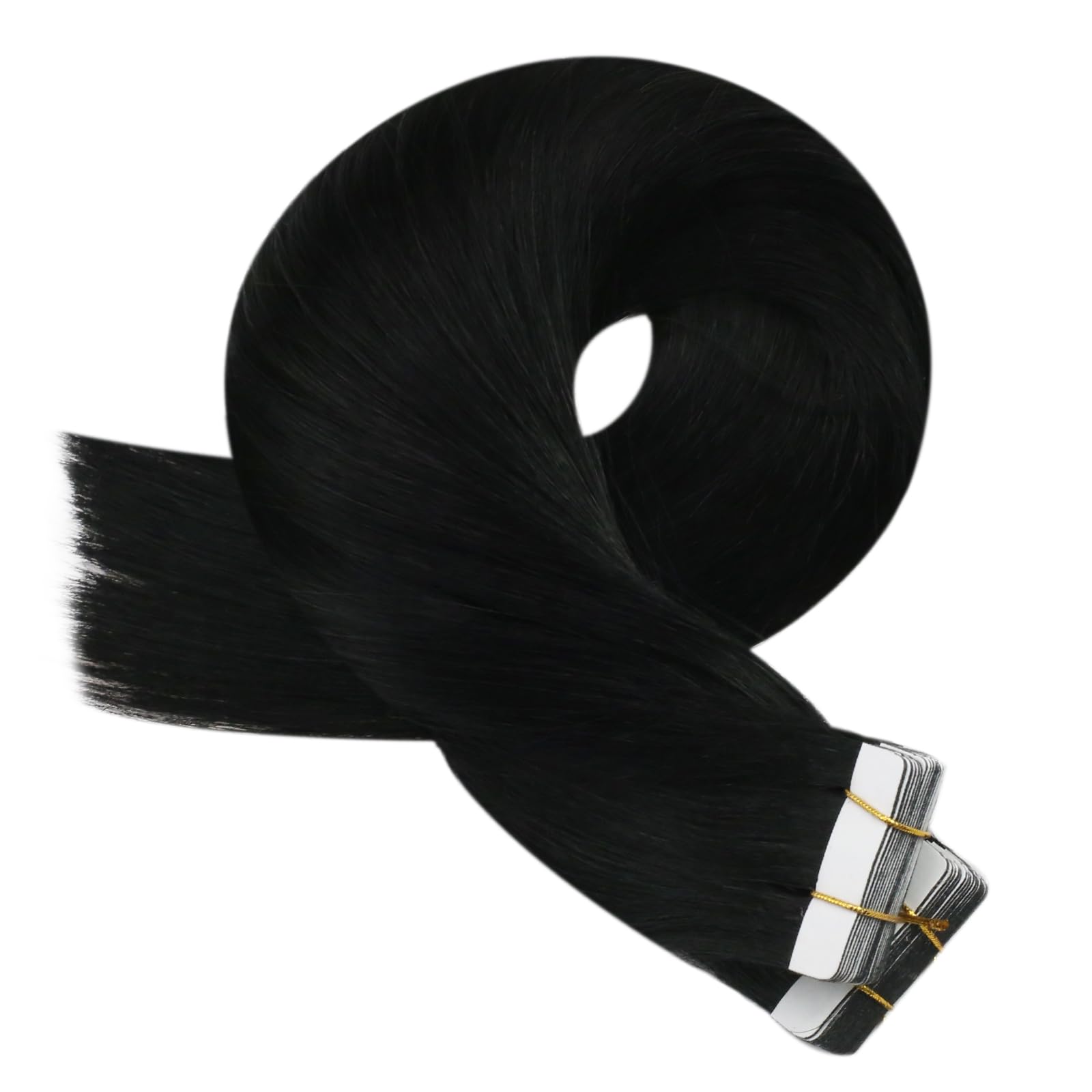Full length view of 18 inch jet black straight tape hair extensions