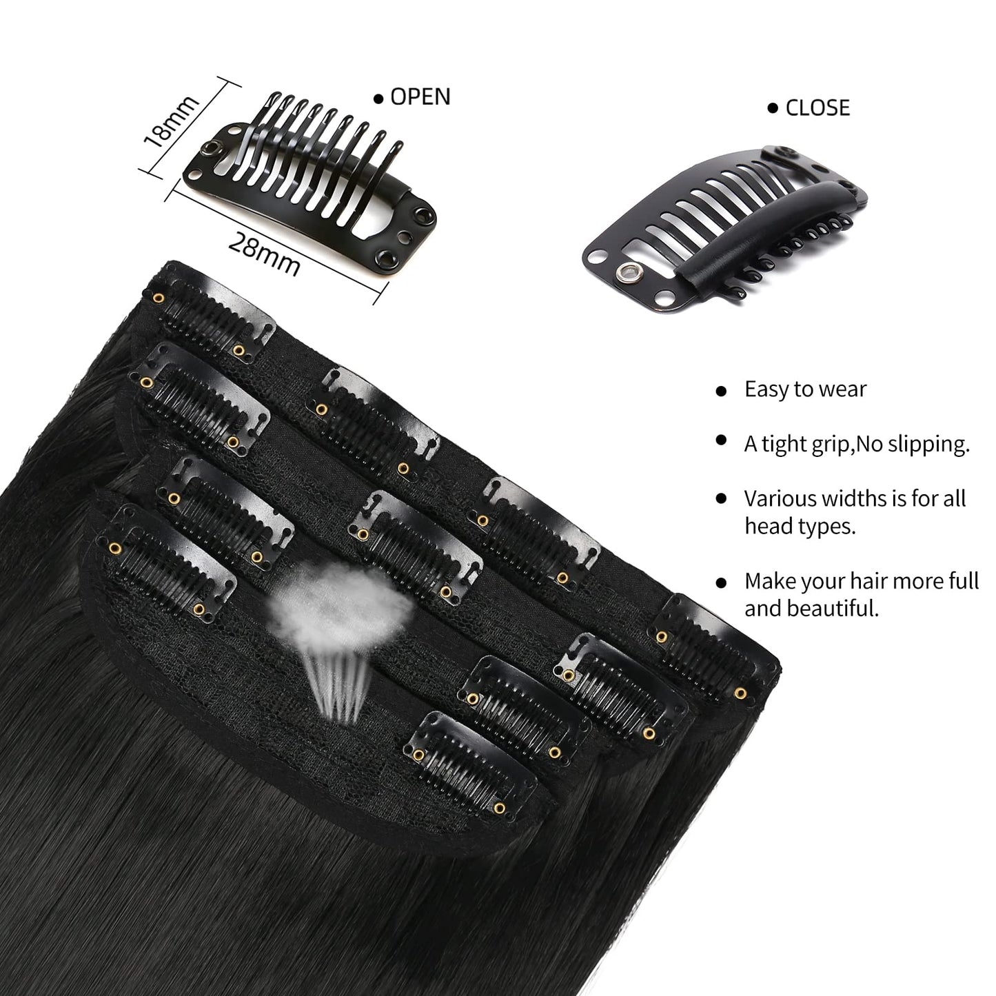 Close up of soft and thick 1B shade synthetic hair wefts