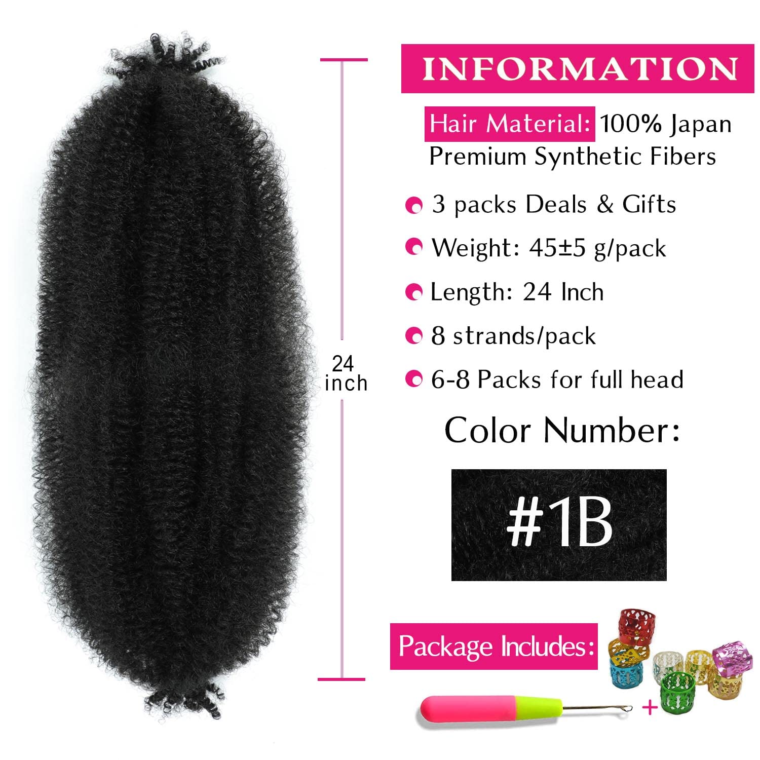 Close up view of 24 inch pre fluffed black synthetic braiding hair