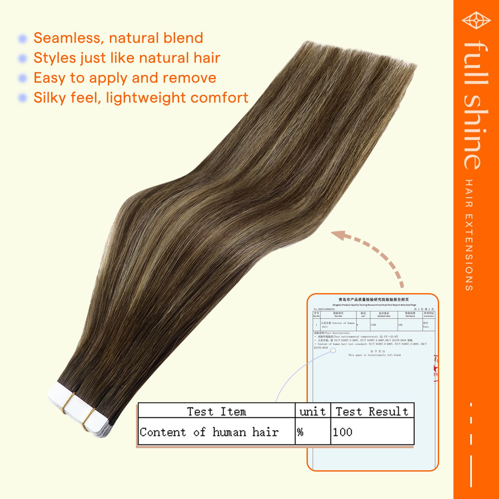 Full Shine human hair extension showing the double sided medical grade tape attachment layout