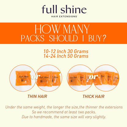 A pack of 20 pieces of Full Shine real human hair extensions laid out evenly
