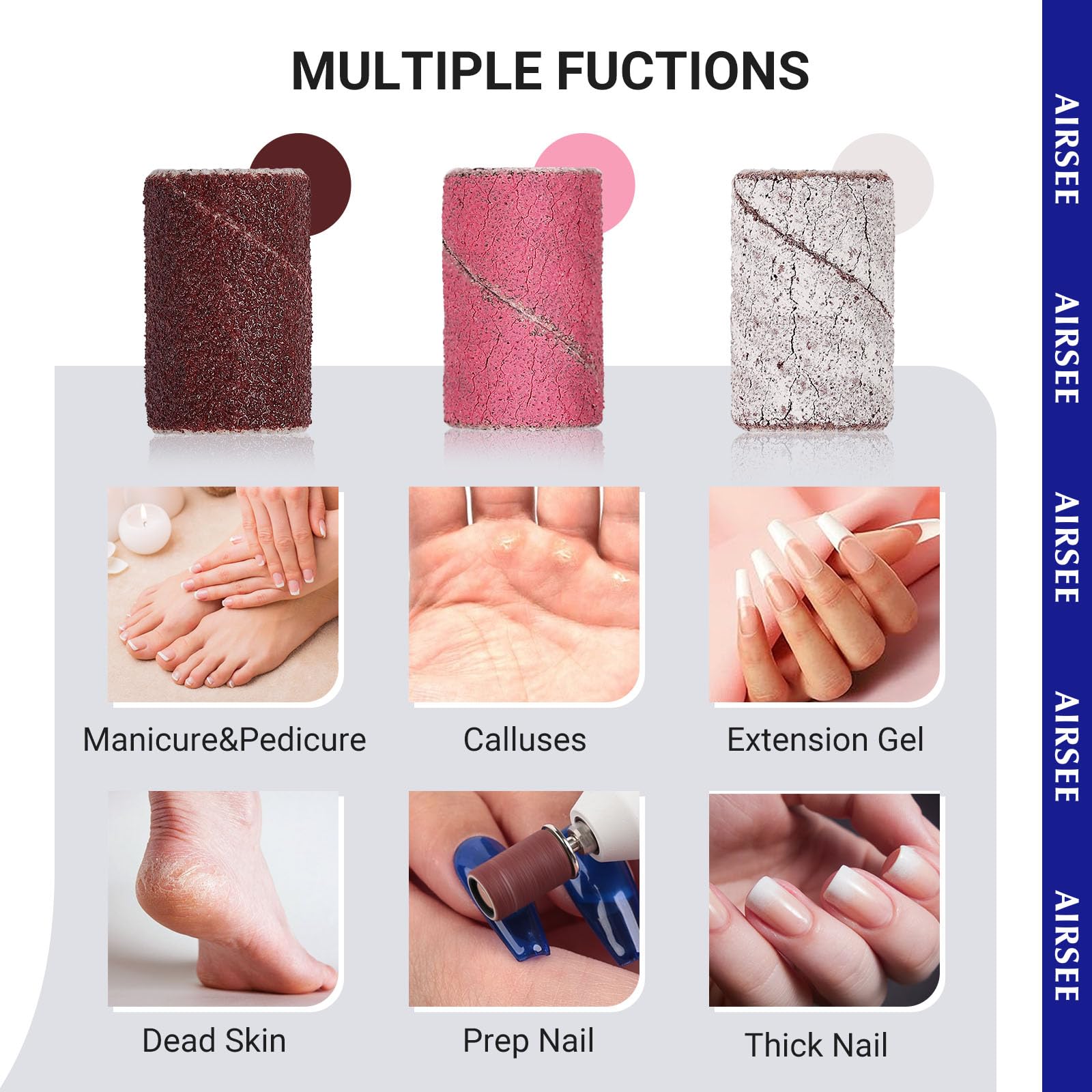 Professional nail technician using Airsee sanding bands on acrylic nails