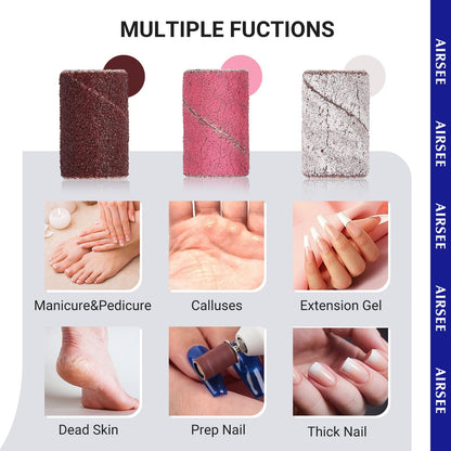 Professional nail technician using Airsee sanding bands on acrylic nails