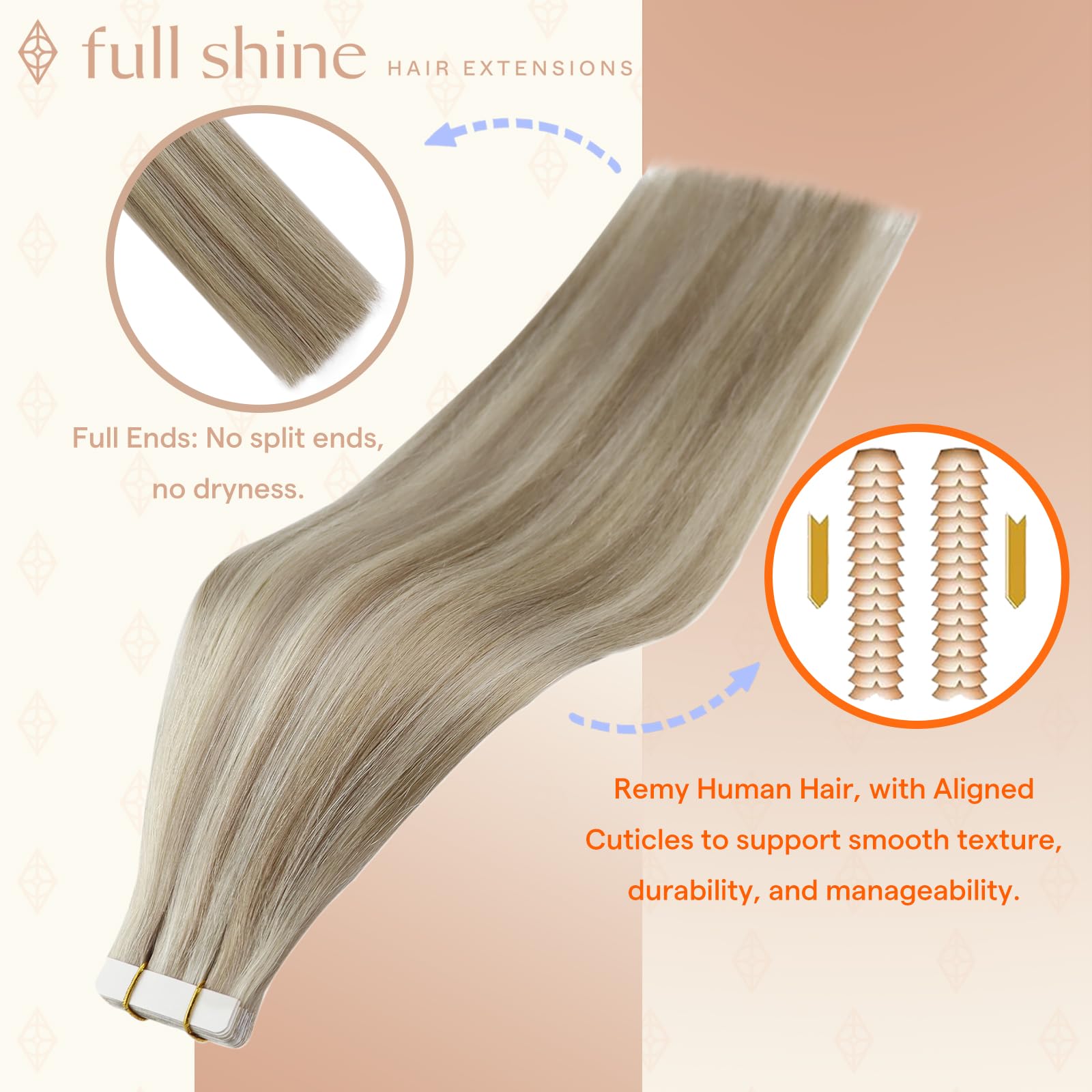 Close up view of the seamless white polyurethane tape tabs on Fshine extensions