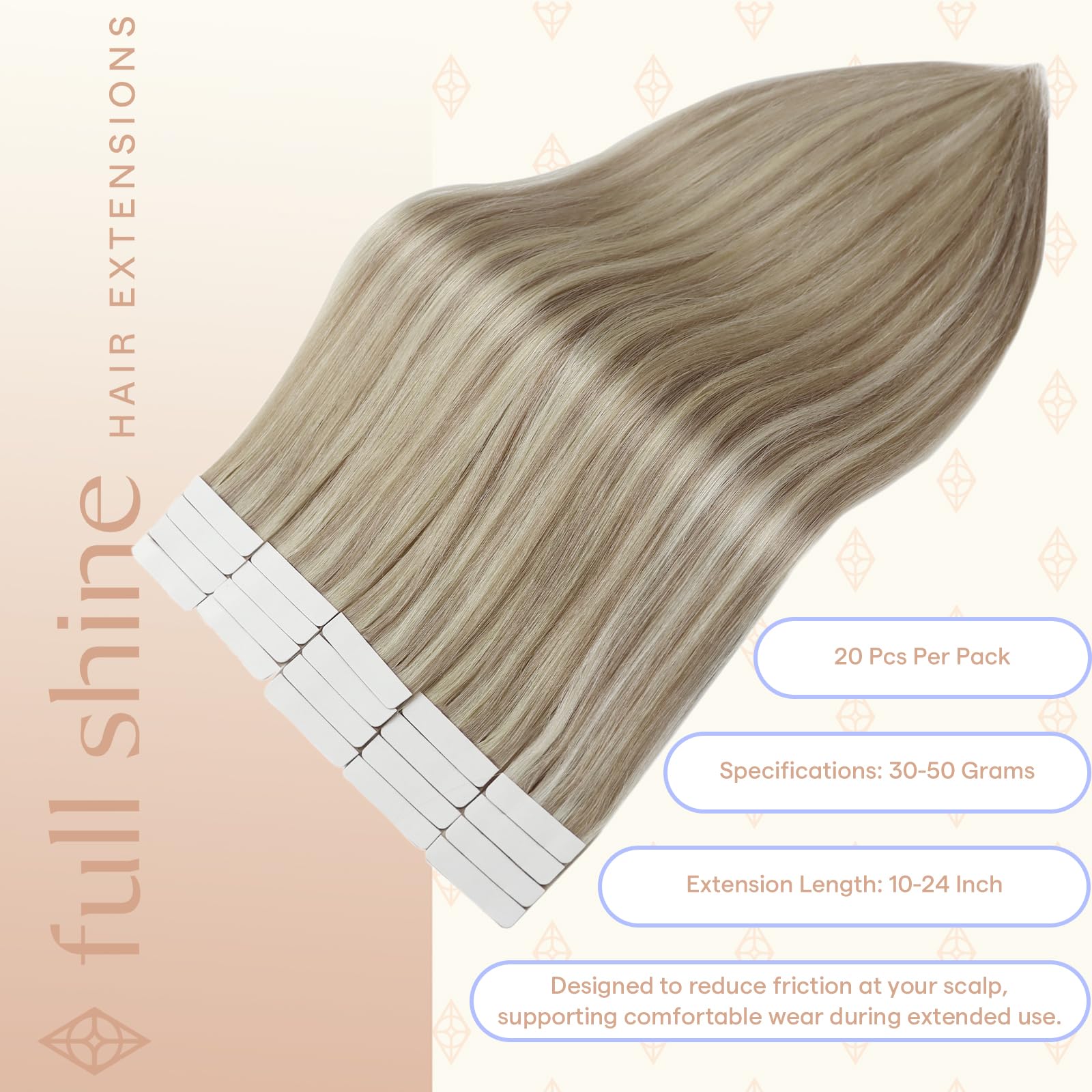 Fshine 18 inch Remy human hair extensions showing the ash blonde highlight blend