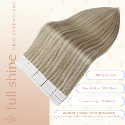 Fshine 18 inch Remy human hair extensions showing the ash blonde highlight blend