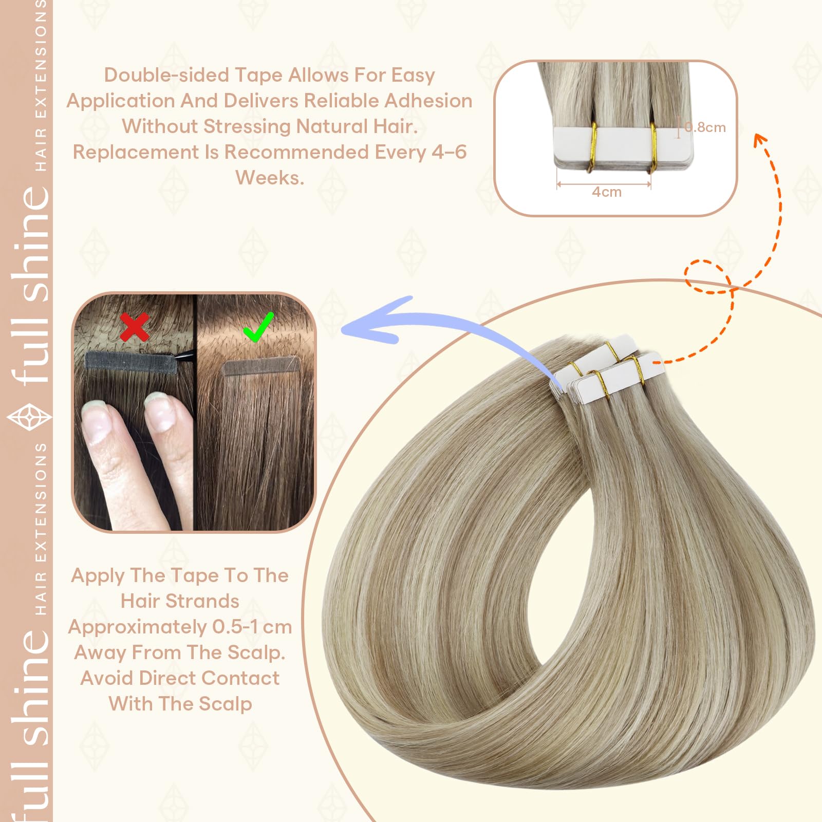 Side profile of Fshine tape in hair extensions demonstrating the ultra thin profile