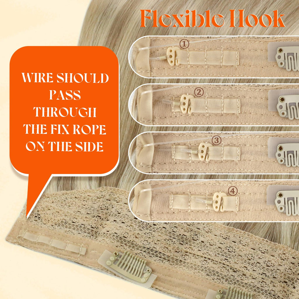Sunny Hair invisible transparent line adjustable tabs close up.