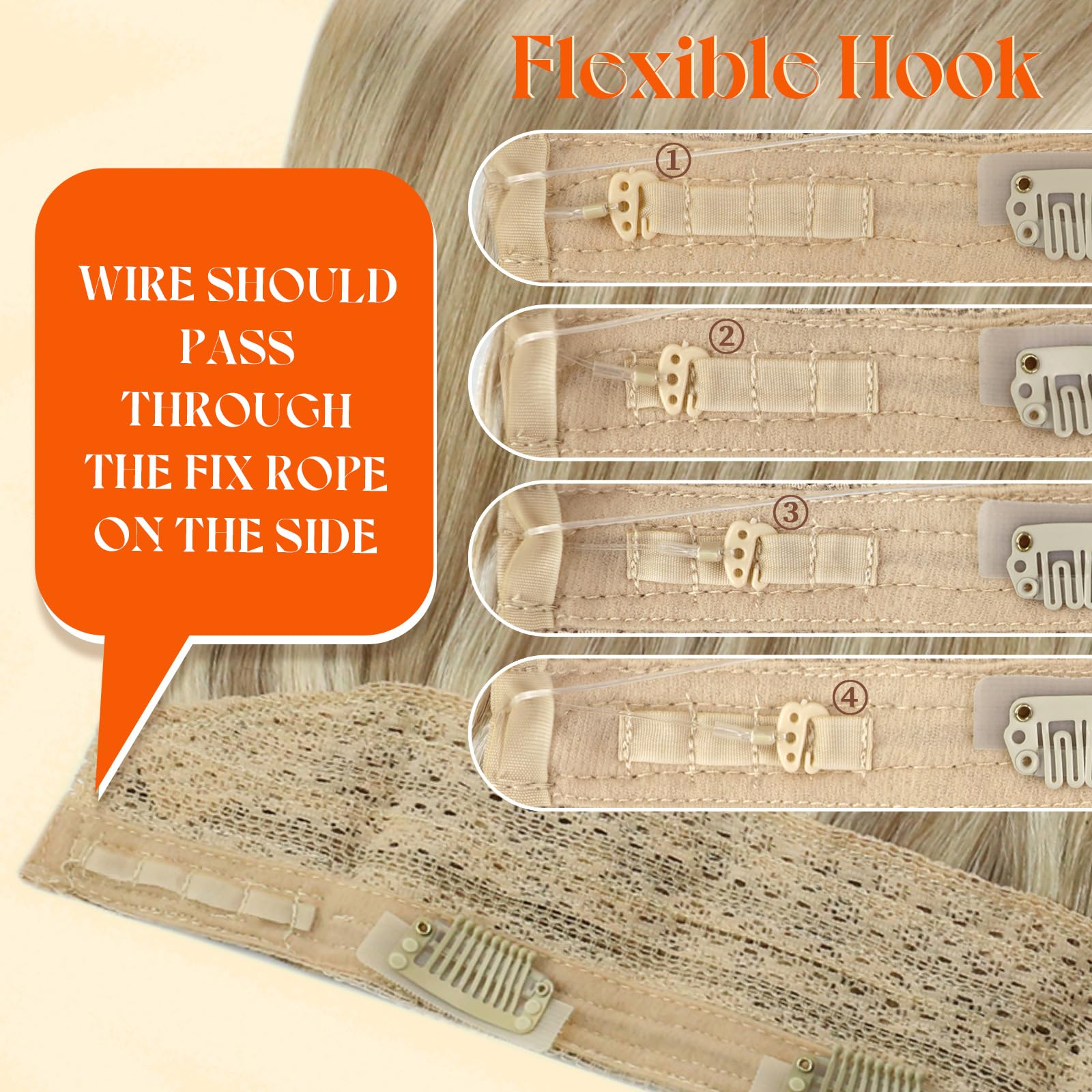 Sunny Hair invisible transparent line adjustable tabs close up.