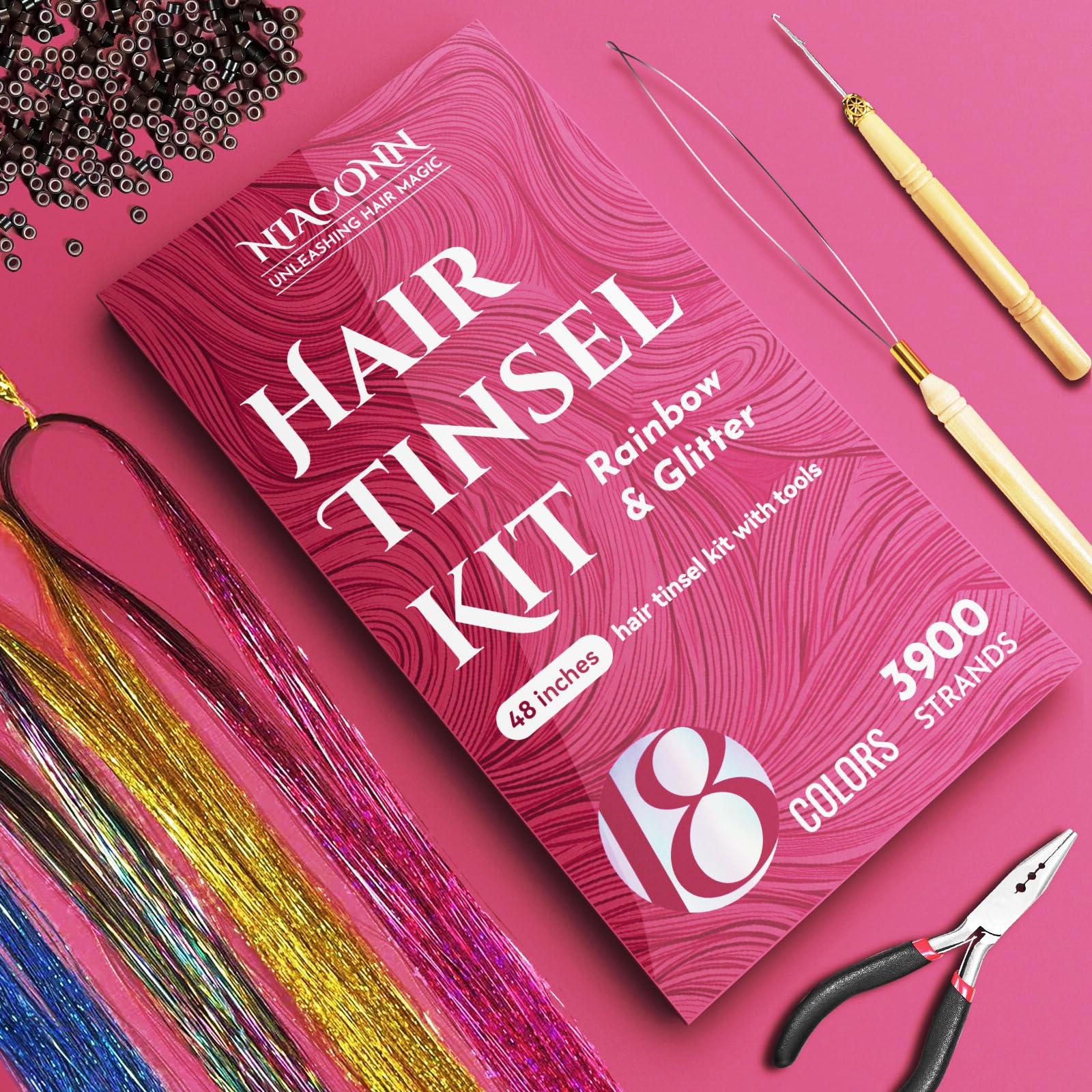 Fairy hair glitter extensions with included micro beads and professional application pliers