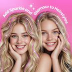 Close up of shiny rainbow colored polyester hair tinsel strands and installation accessories