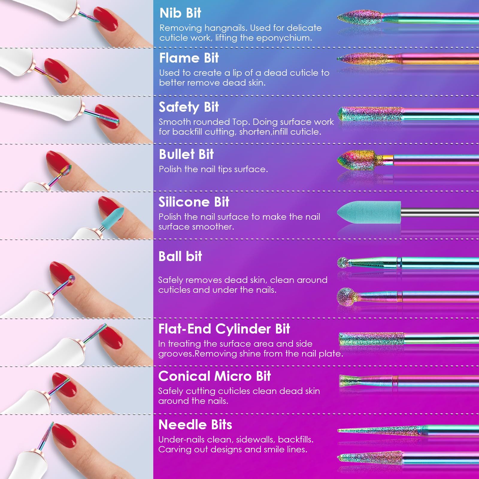 Diamond cuticle efile attachments showing detailed variations for precision manicure work