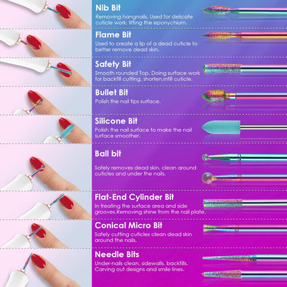 Diamond cuticle efile attachments showing detailed variations for precision manicure work