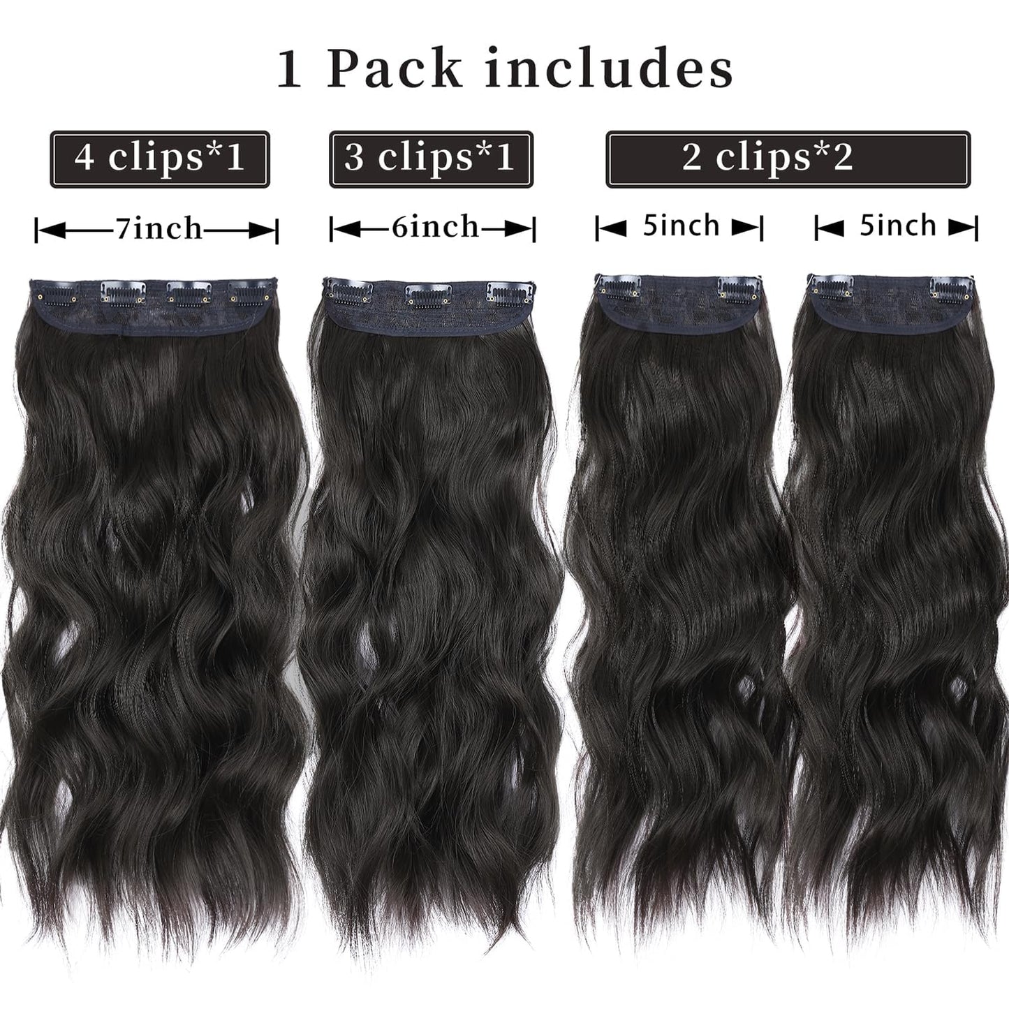 Four piece clip in synthetic hair extensions set unboxed details
