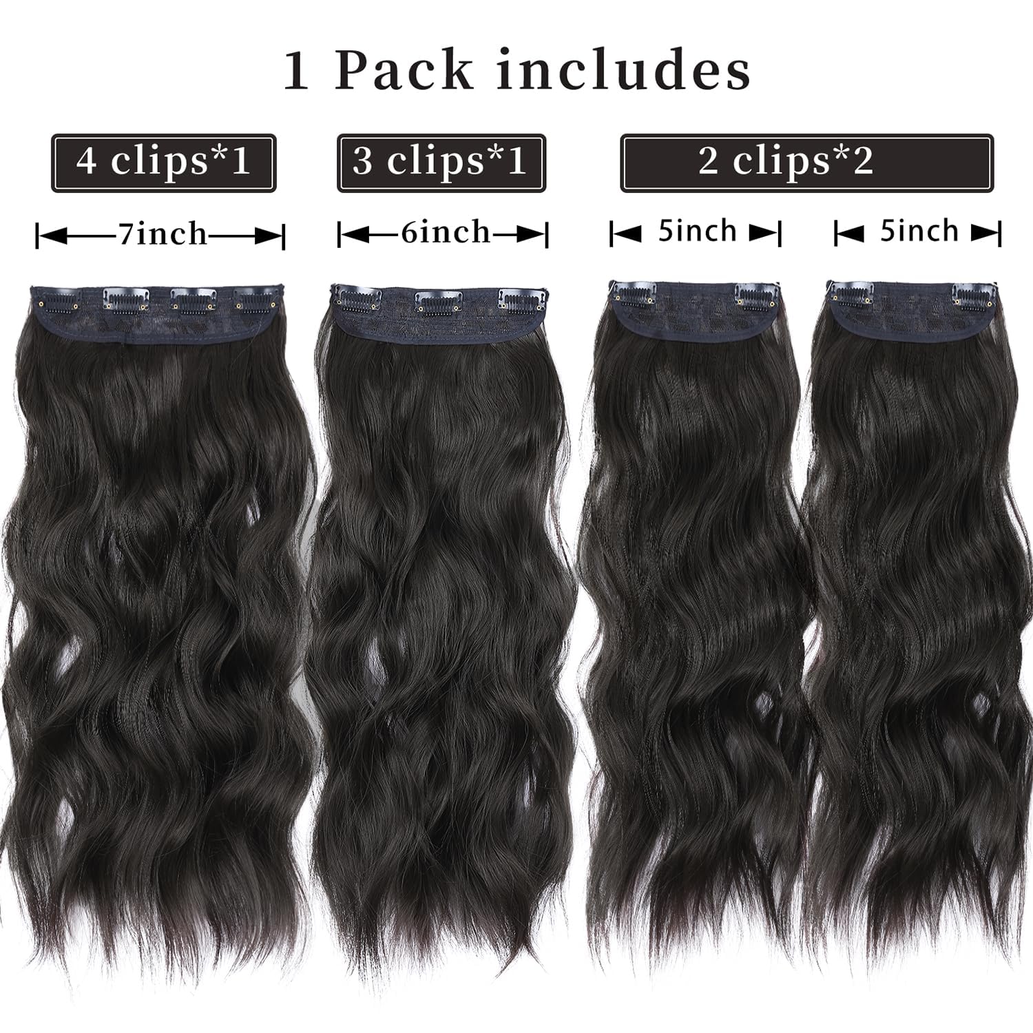 Four piece clip in synthetic hair extensions set unboxed details
