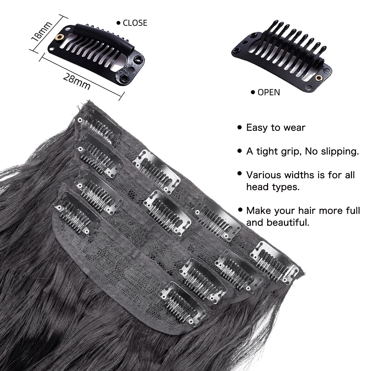 Twenty inch long curly black hair extensions texture close up