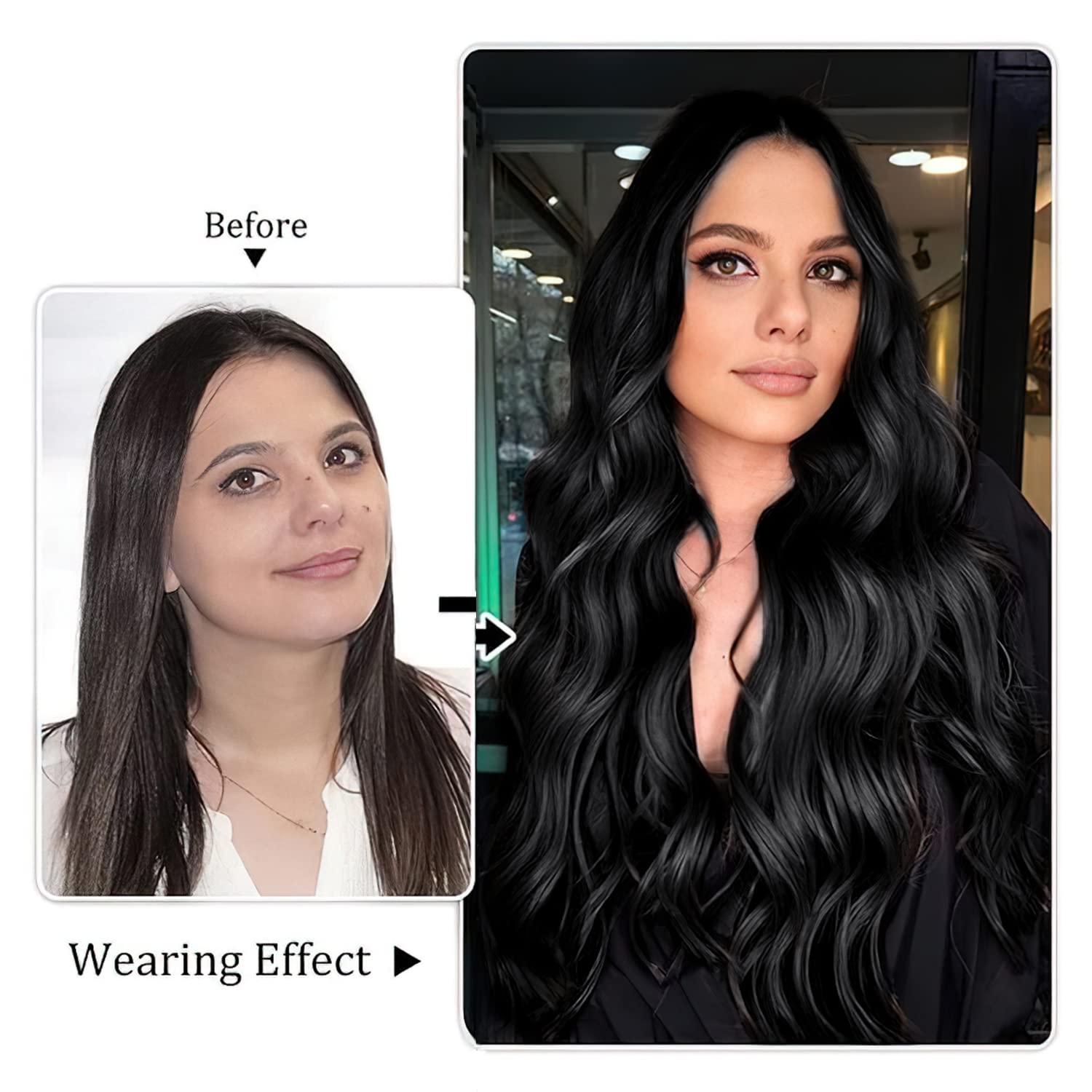 Heat resistant black curly extensions before and after demonstration