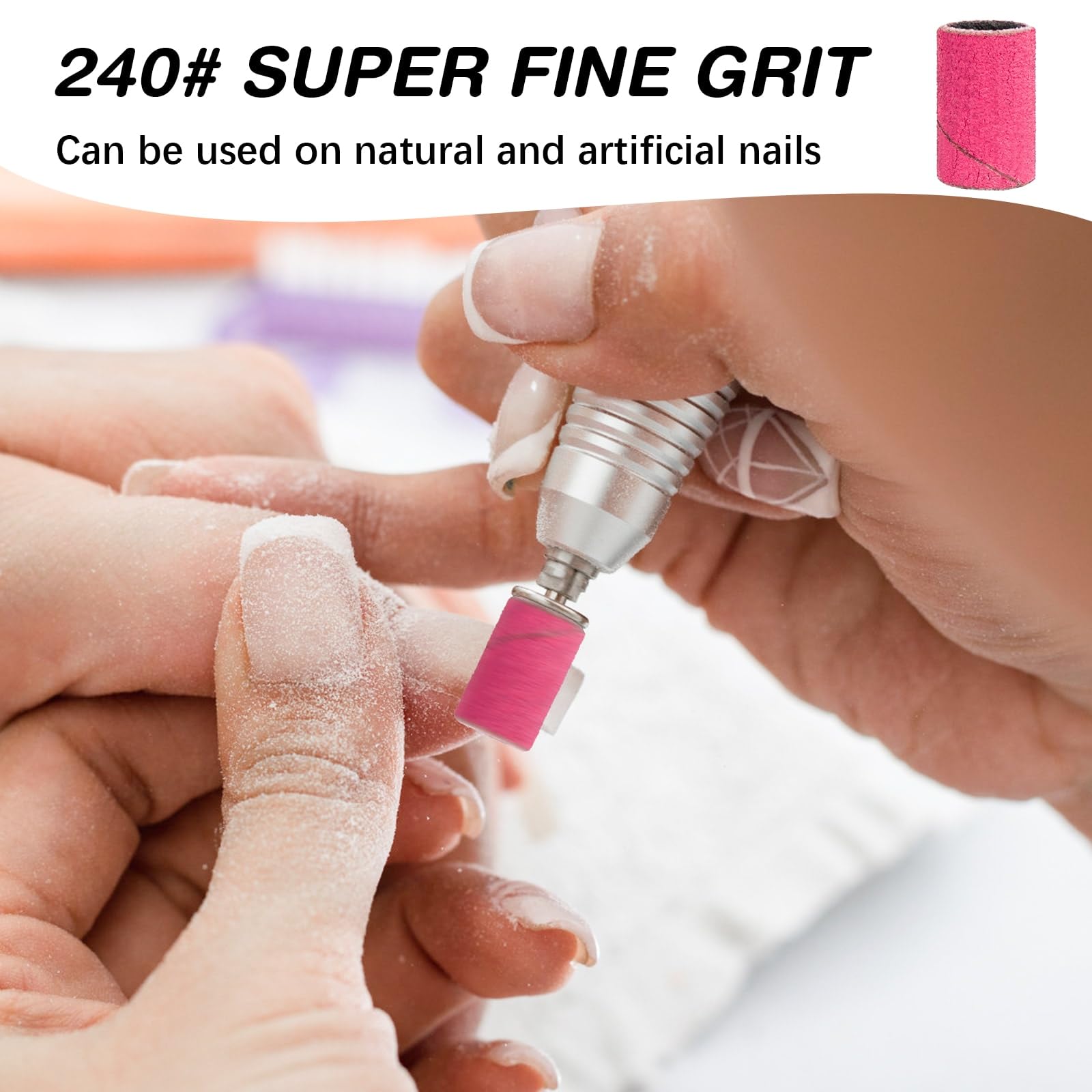 Extreme fine 240 grit pink sanding bands arranged next to two stainless steel mandrel bits.