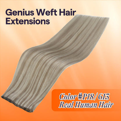 Close up view of the ultra thin genius weft track on Full Shine 22 inch human hair