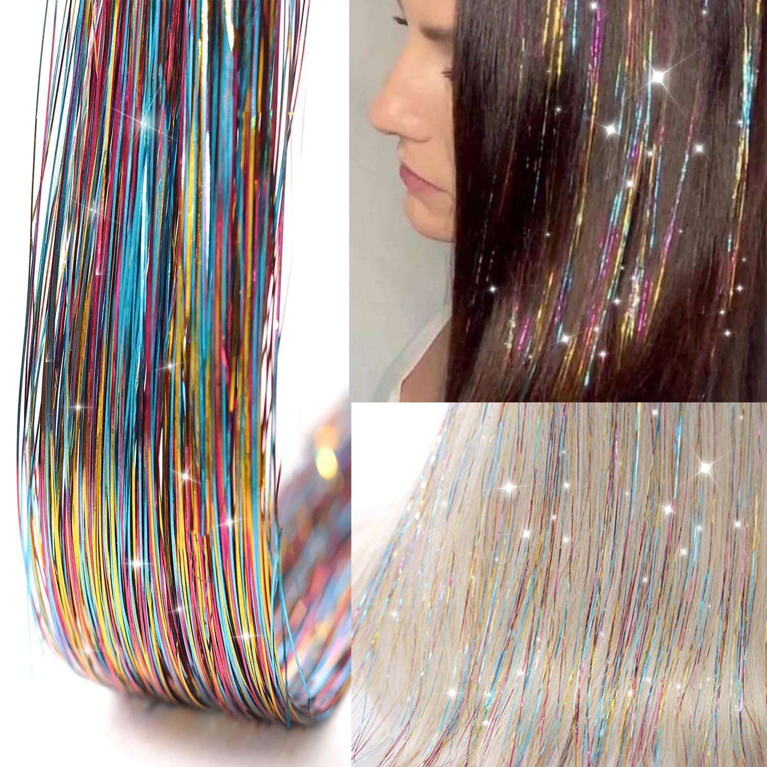 Close up view of the twenty point five inch multi colored fairy hair tinsel strands showing holographic sparkle.