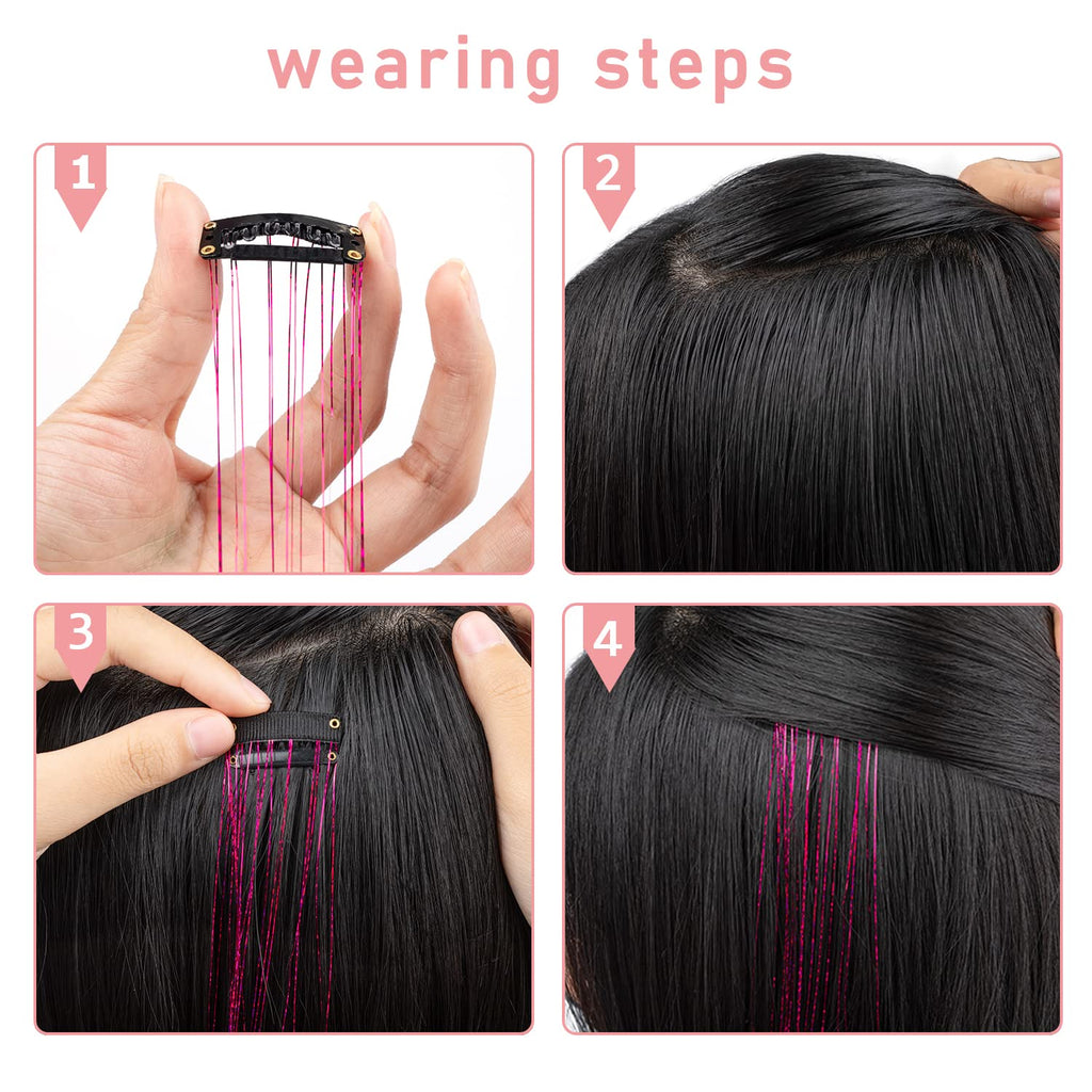 Demonstration of a girl wearing the rainbow clip in hair tinsel extensions blended into a wavy hairstyle.