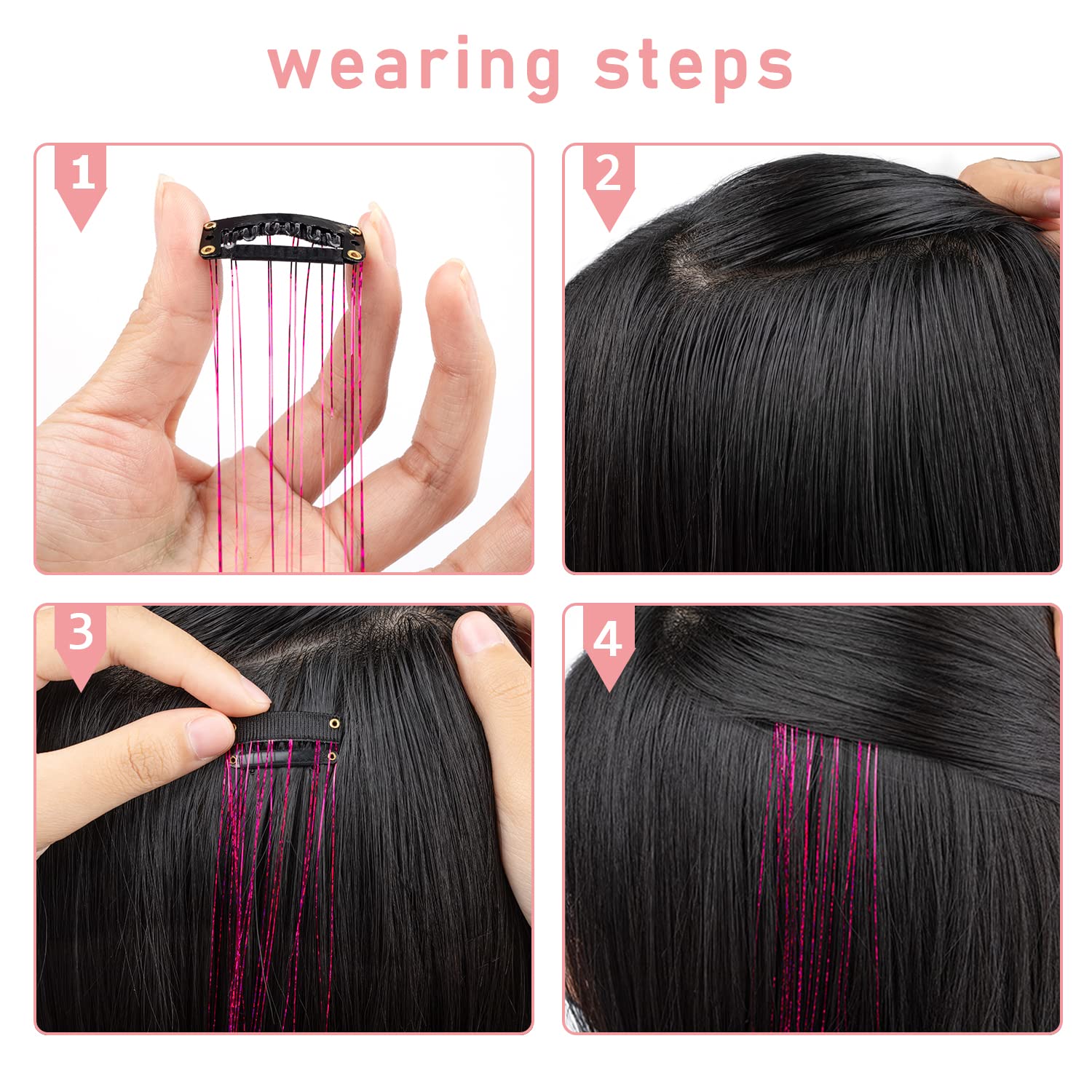 Demonstration of a girl wearing the rainbow clip in hair tinsel extensions blended into a wavy hairstyle.