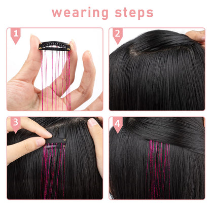 Demonstration of a girl wearing the rainbow clip in hair tinsel extensions blended into a wavy hairstyle.