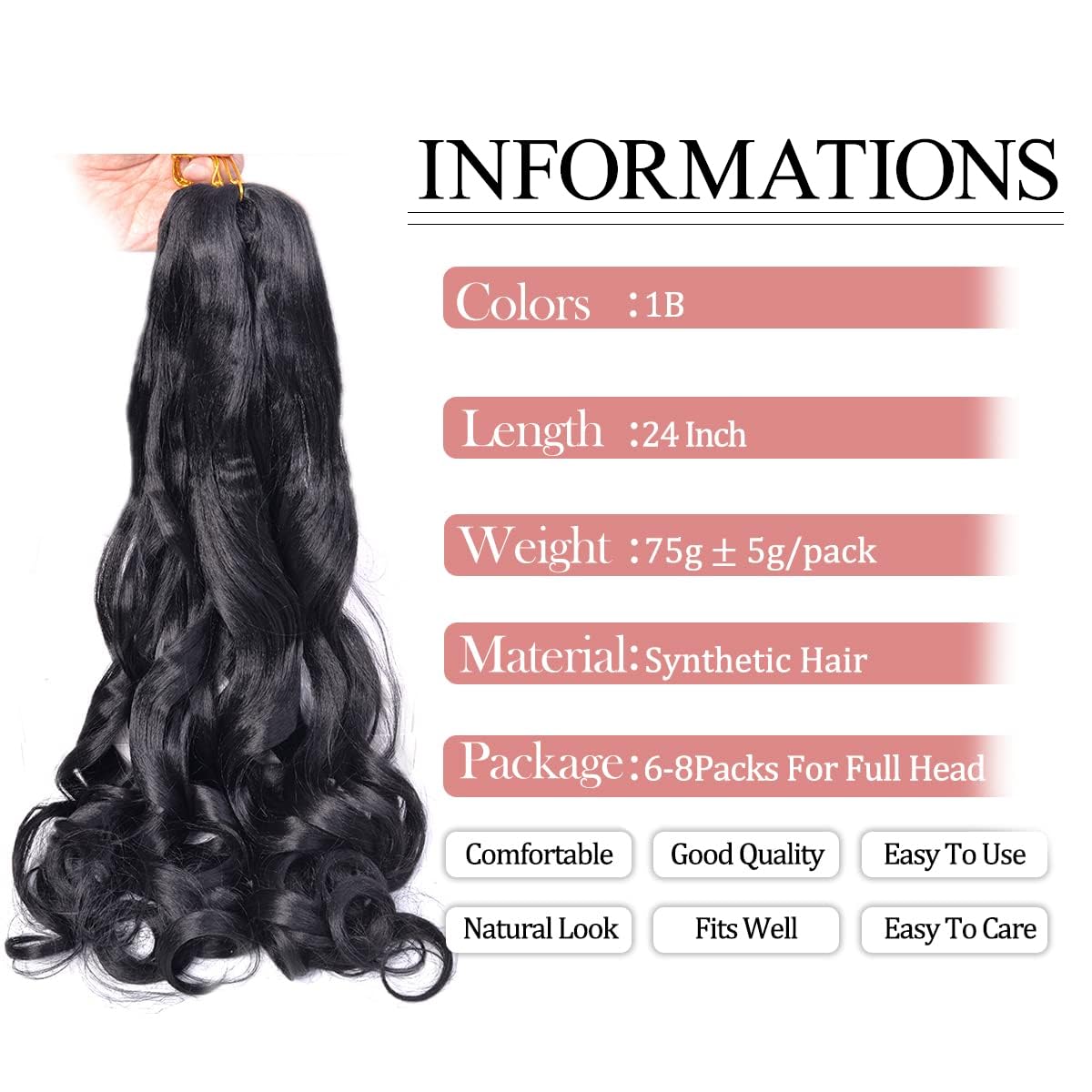Close up view of the bouncy spiral ends of the 1B black synthetic crochet hair.