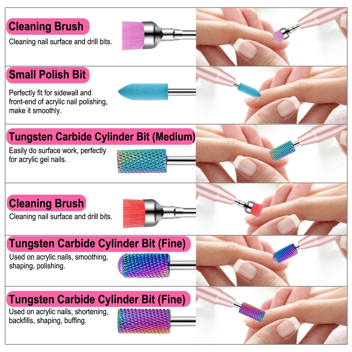 Cellentool tungsten carbide and ceramic nail bits collection showcasing different shapes for acrylic removal
