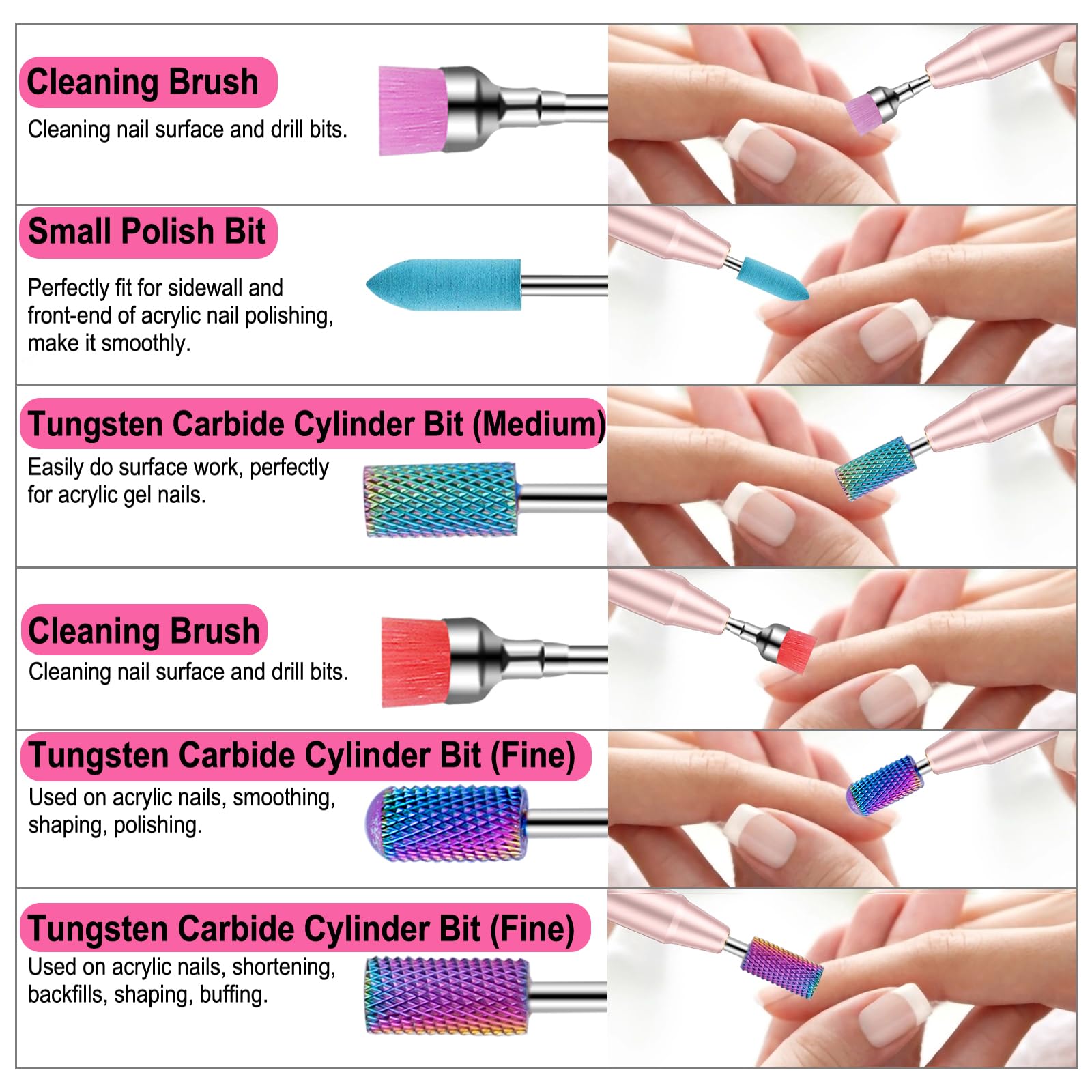 Cellentool tungsten carbide and ceramic nail bits collection showcasing different shapes for acrylic removal