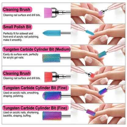 Cellentool tungsten carbide and ceramic nail bits collection showcasing different shapes for acrylic removal