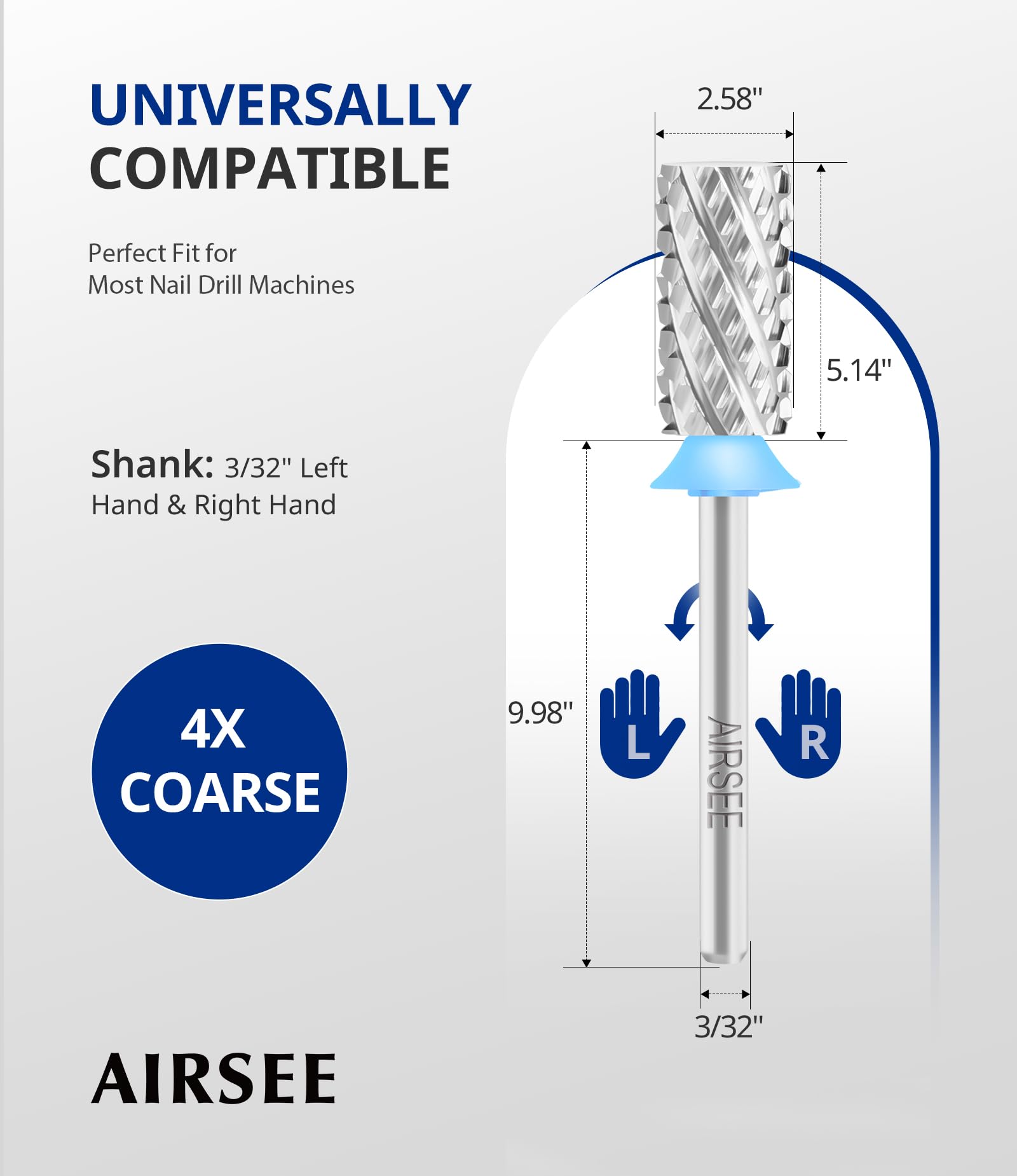 Close up view of the heavy duty silver barrel nail tool showing the bidirectional tungsten carbide flutes.