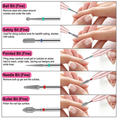 Cellentool diamond cone and needle bits close up highlighting textures for safe cuticle care