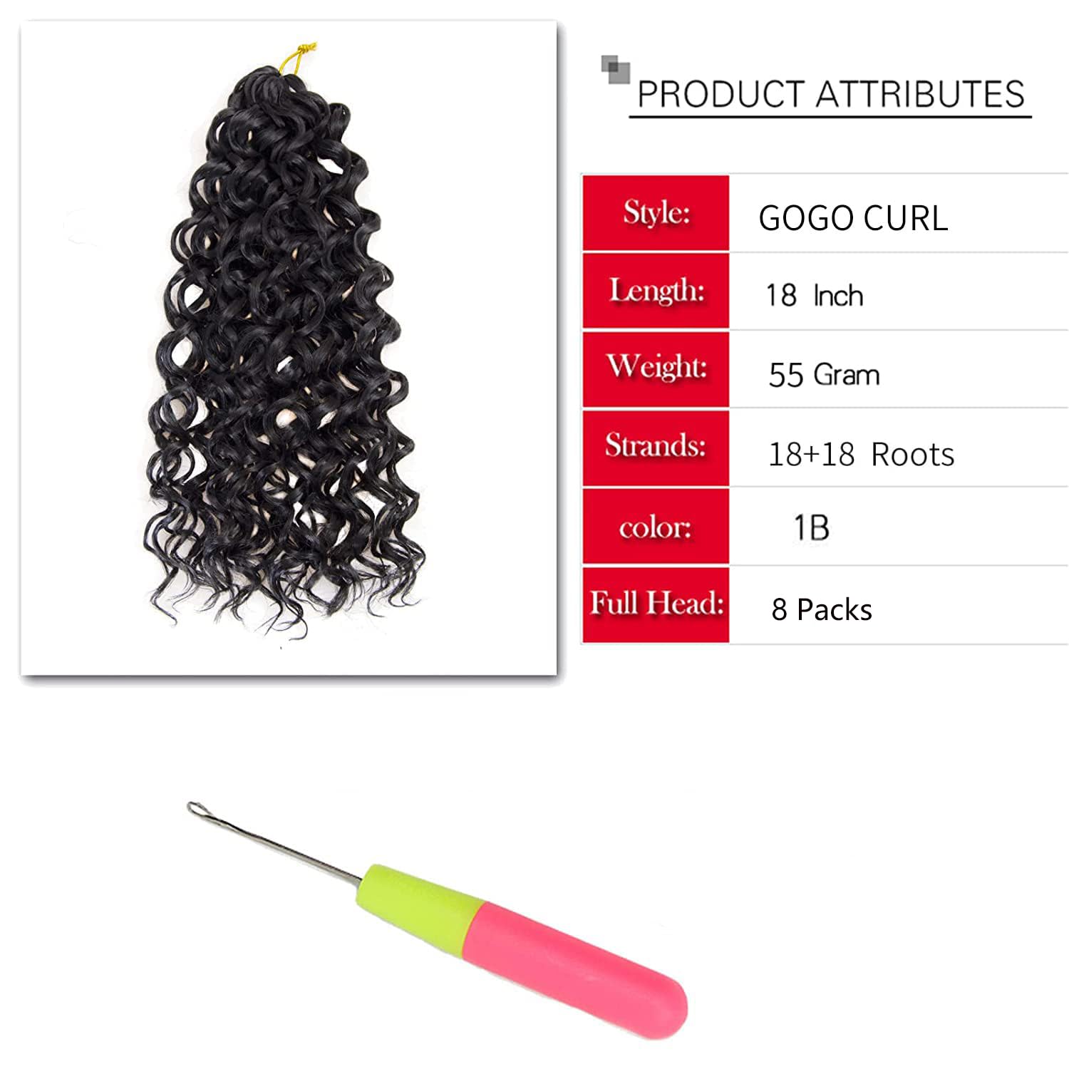 Eight packs bundle of eighteen inch natural black synthetic crochet hair loops.