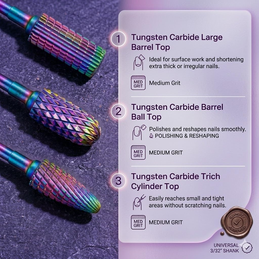 Close up view of the 3/32 inch premium white ceramic barrel and cone bits highlighting their heat dissipating texture for gel nail removal.