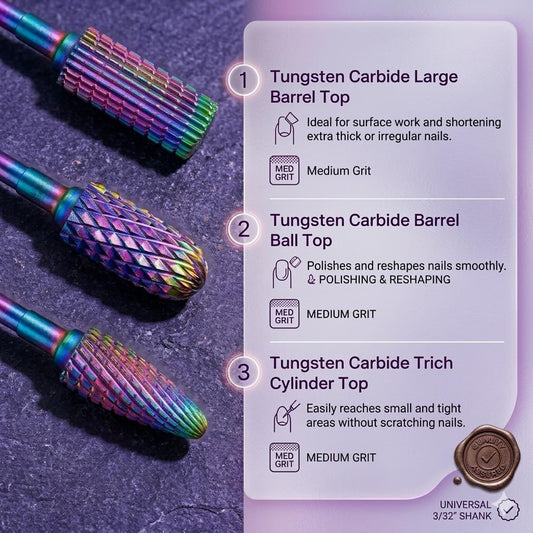 Close up view of the 3/32 inch premium white ceramic barrel and cone bits highlighting their heat dissipating texture for gel nail removal.