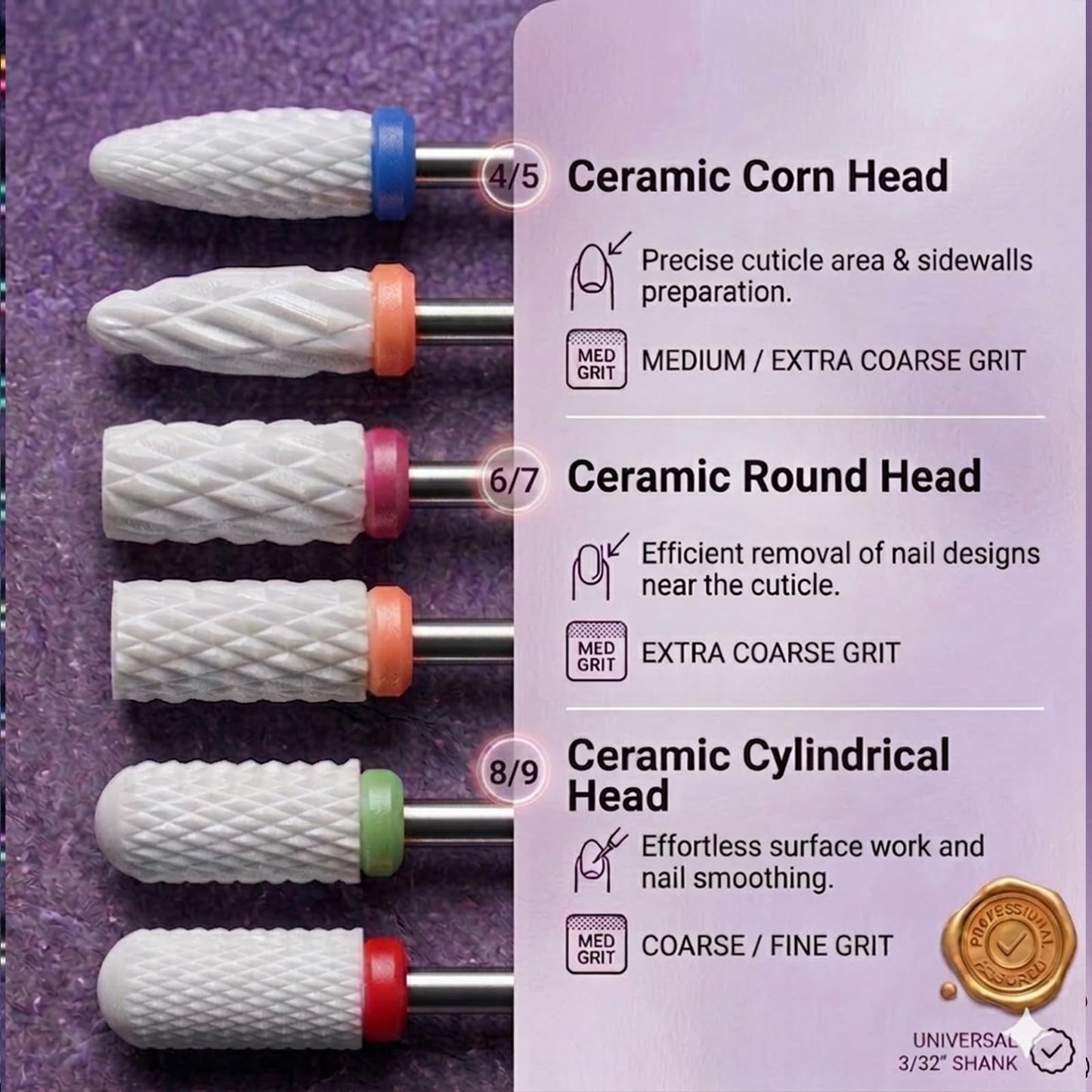 Detailed shot of the rainbow tungsten carbide efile attachments illustrating the different coarse and medium cutting grits for reshaping acrylic extensions.
