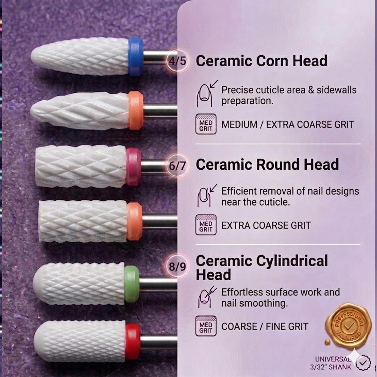 Detailed shot of the rainbow tungsten carbide efile attachments illustrating the different coarse and medium cutting grits for reshaping acrylic extensions.