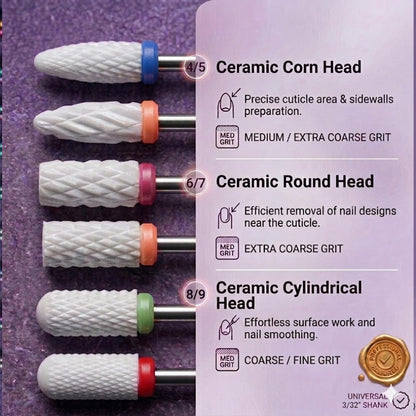 Detailed shot of the rainbow tungsten carbide efile attachments illustrating the different coarse and medium cutting grits for reshaping acrylic extensions.