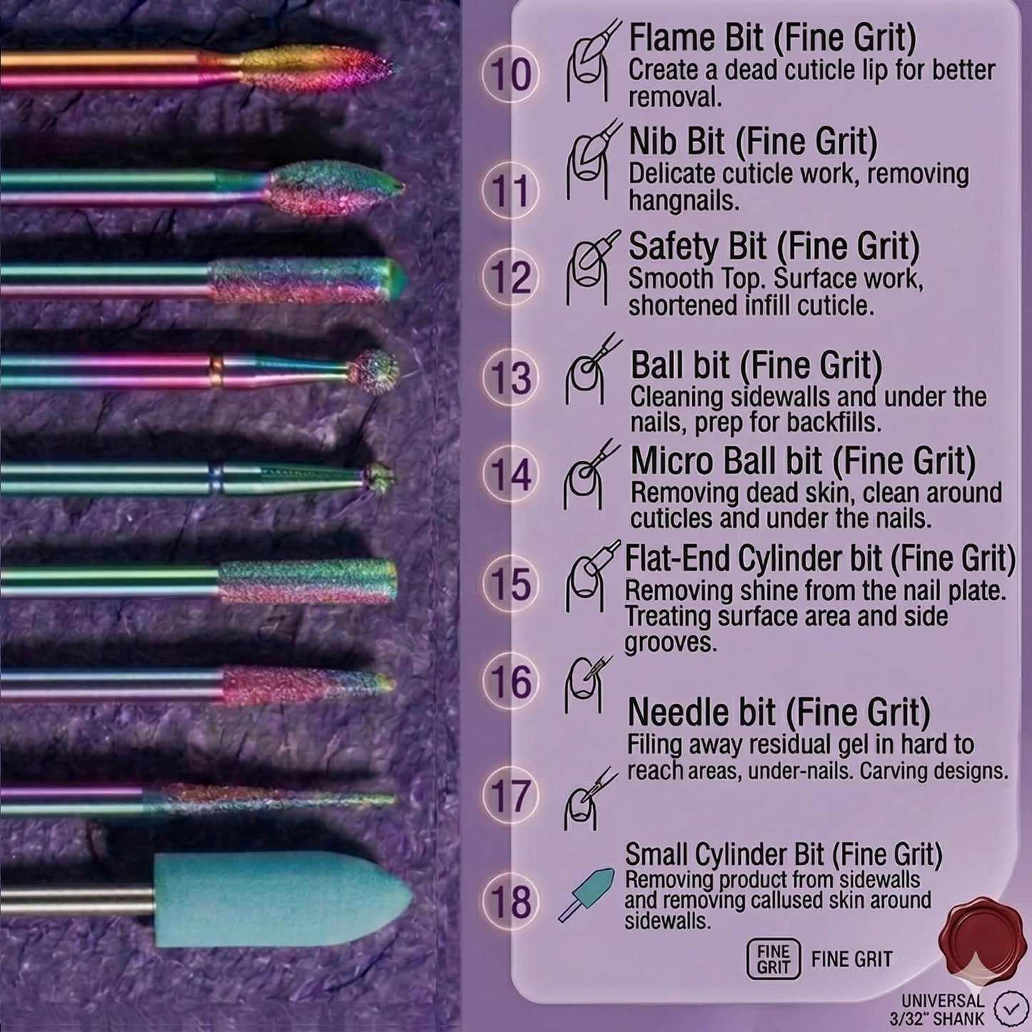 Macro perspective of the diamond cuticle cleaning needle and ball bits demonstrating the fine abrasive texture required for safe dead skin grooming.