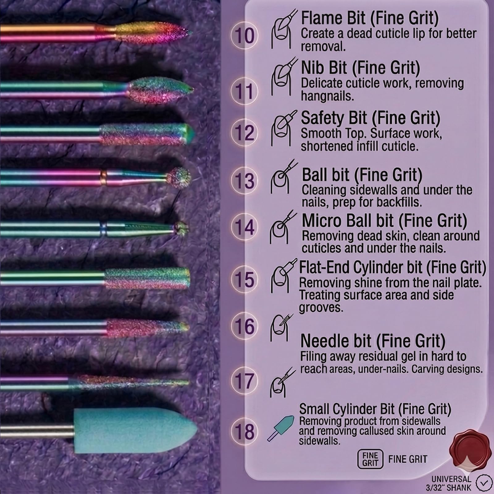 Macro perspective of the diamond cuticle cleaning needle and ball bits demonstrating the fine abrasive texture required for safe dead skin grooming.